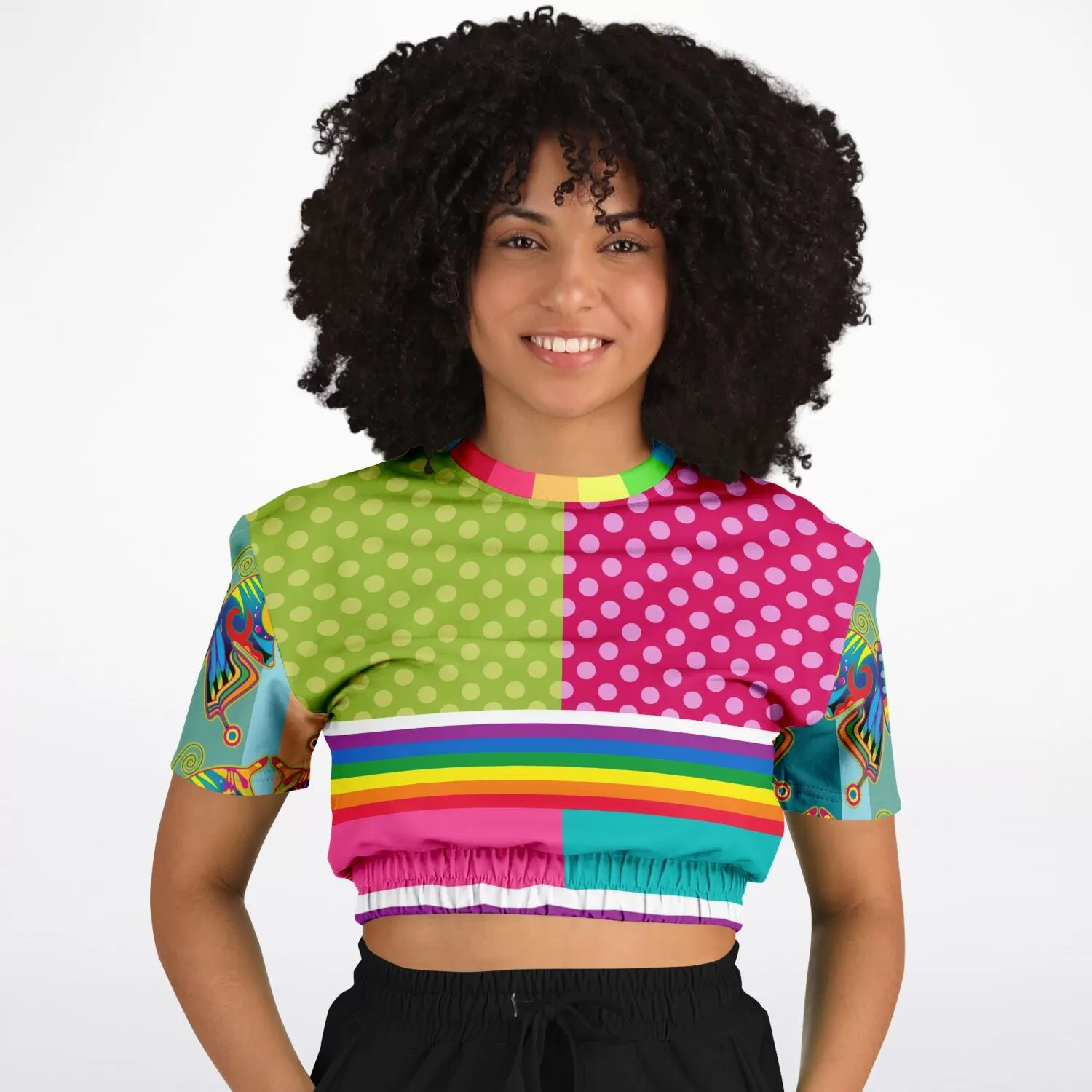 OG San Diego Polka Dot Patchwork Short Sleeve Cropped Eco-Poly Sweater