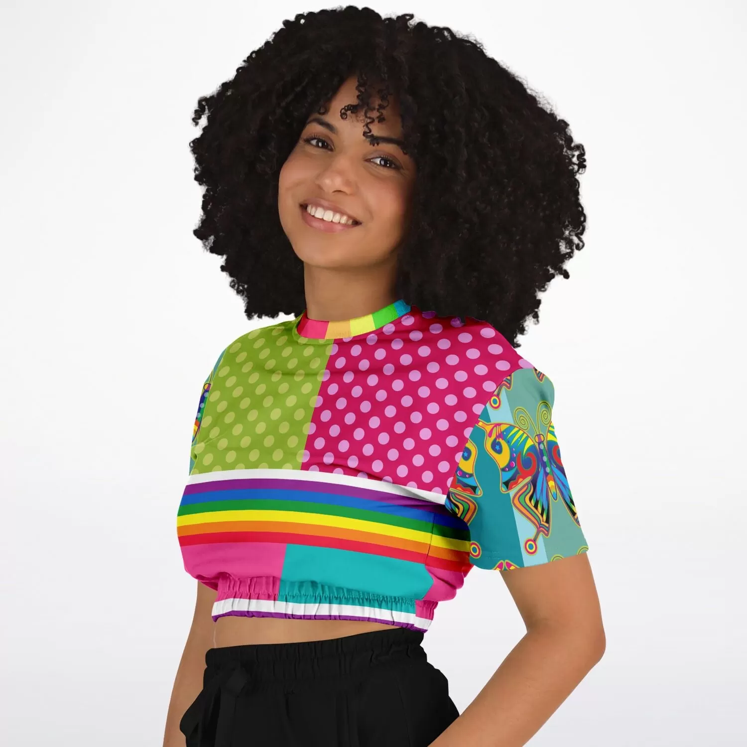 OG San Diego Polka Dot Patchwork Short Sleeve Cropped Eco-Poly Sweater