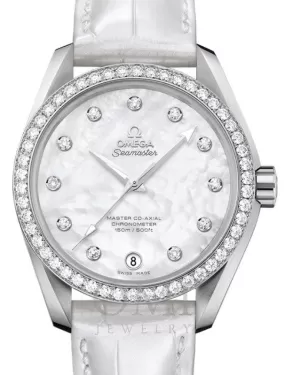 OMEGA SEAMASTER AQUA TERRA 150M MASTER CO-AXIAL CHRONOMETER LADIES 38.5 STAINLESS STEEL DIAMOND BEZEL WHITE MOTHER OF PEARL DIAL DIAMOND SET INDEX 231.18.39.21.55.001 WITH ALLIGATOR LEATHER STRAP