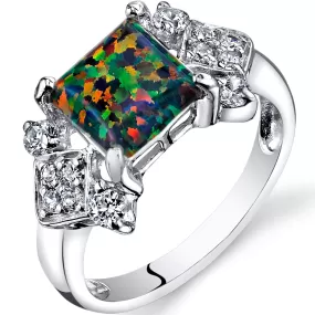 Opal Princess Cut Sterling Silver Ring Size 7