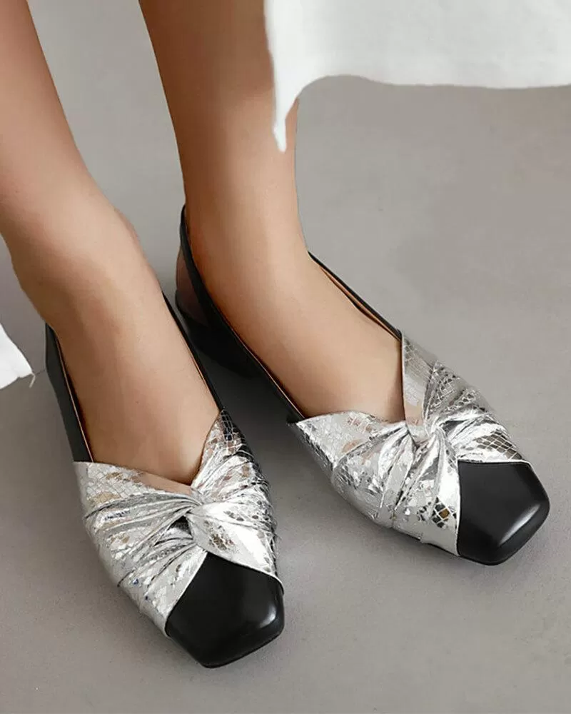 Patent Leather Square Toe Bow Back Block Heel Flats