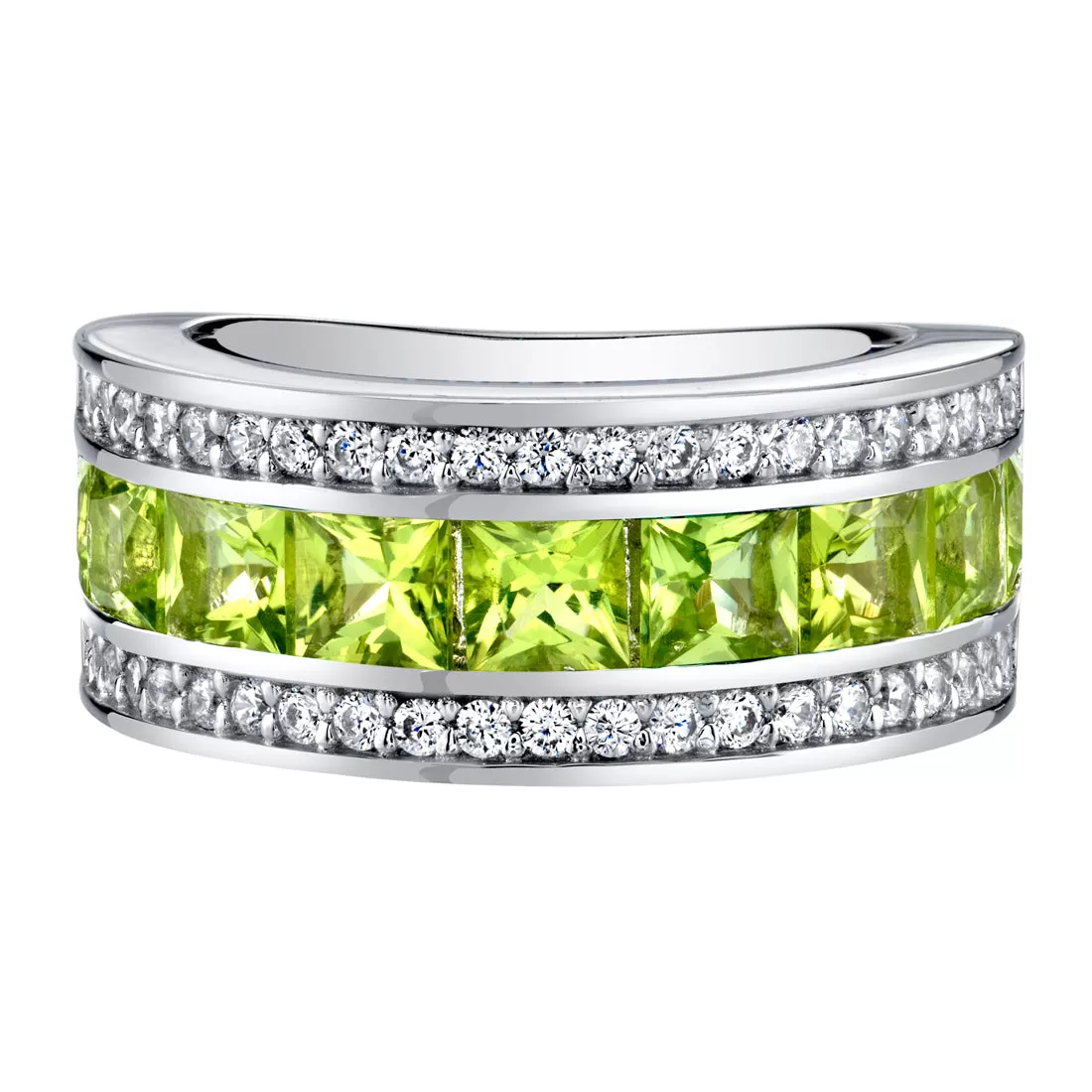 Peridot Princess Cut Sterling Silver Band Size 9