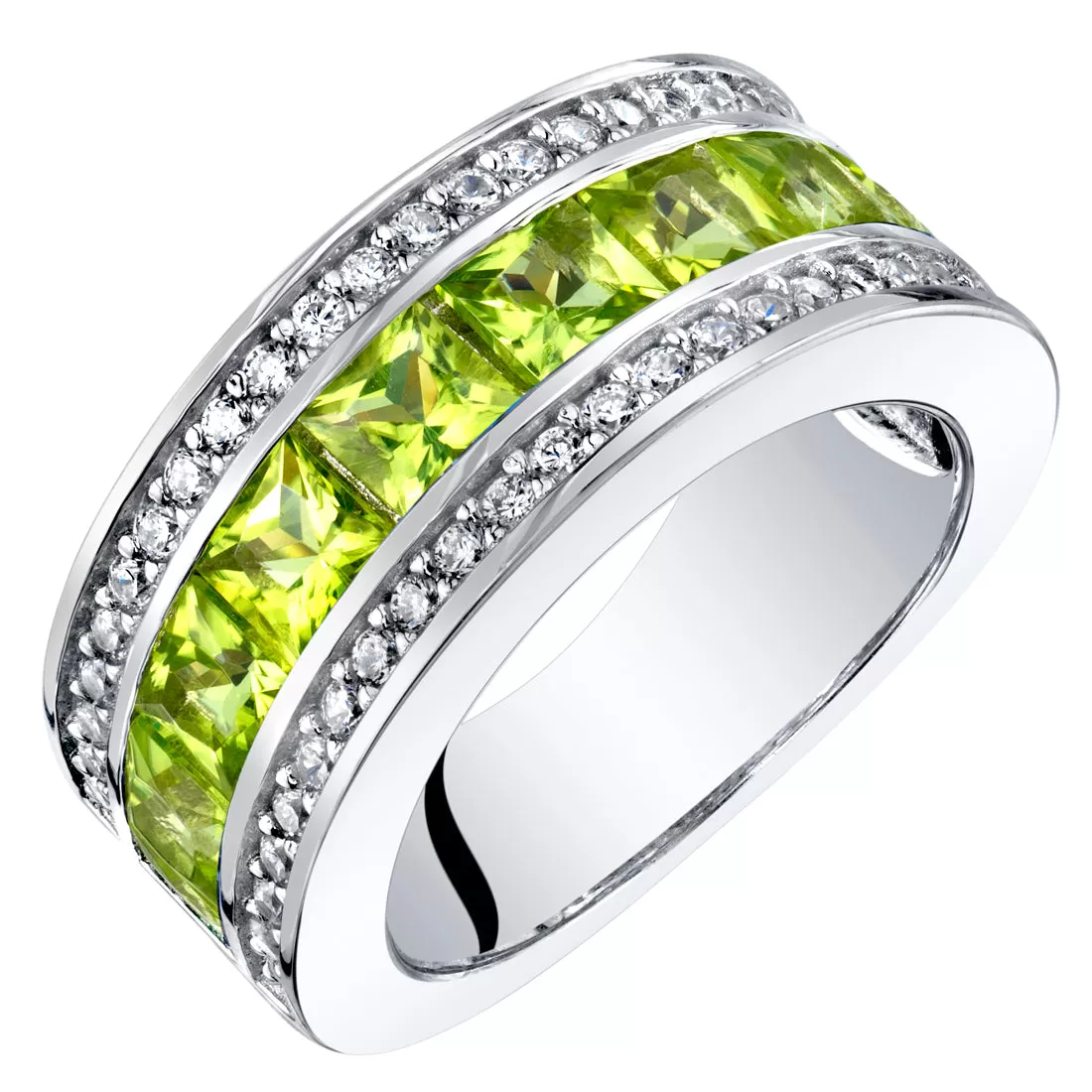 Peridot Princess Cut Sterling Silver Band Size 9