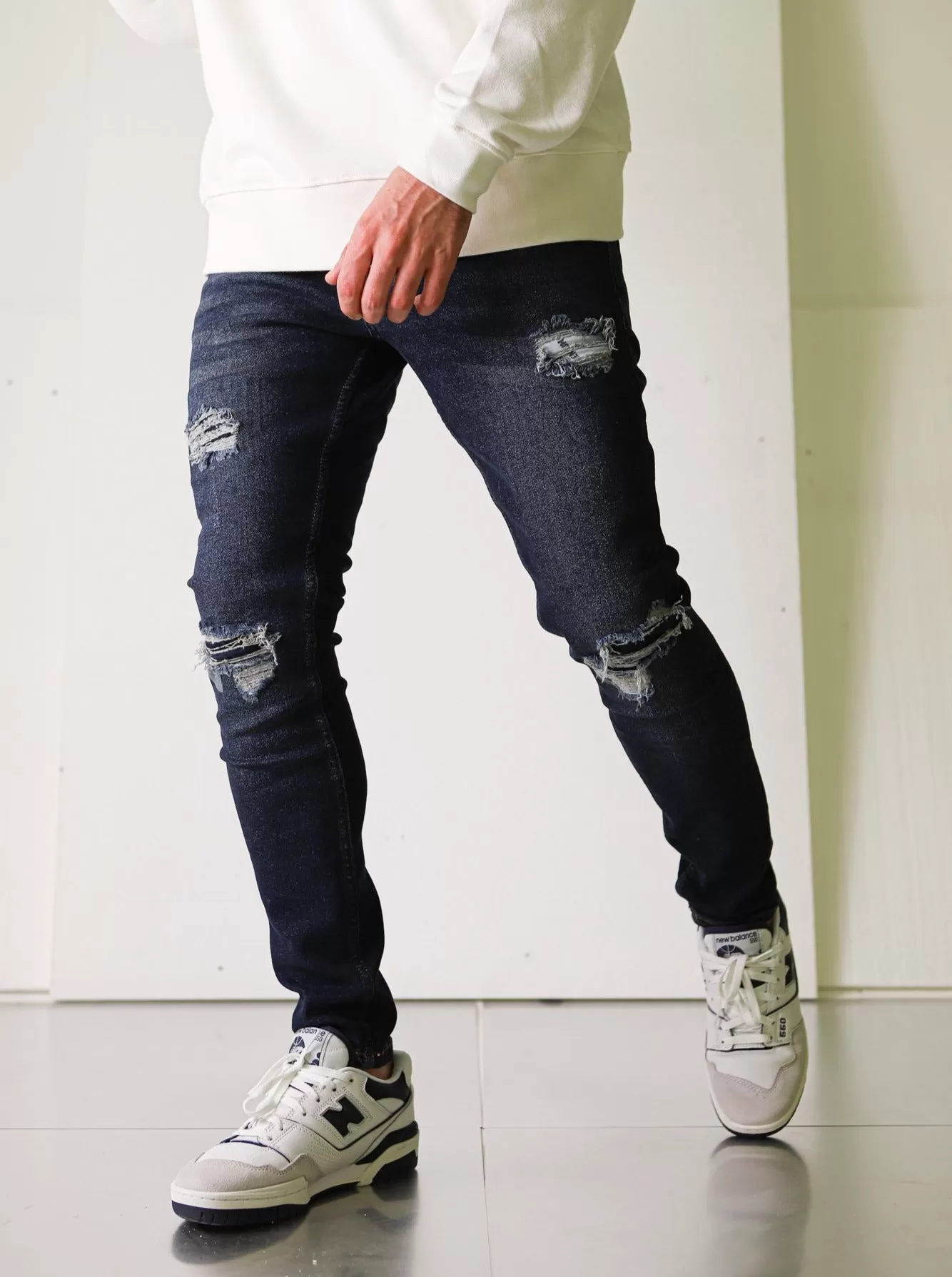 Premium Dark Blue Denim - Ripped & Repaired