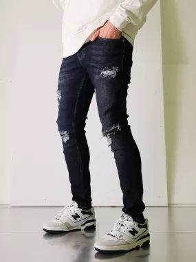 Premium Dark Blue Denim - Ripped & Repaired