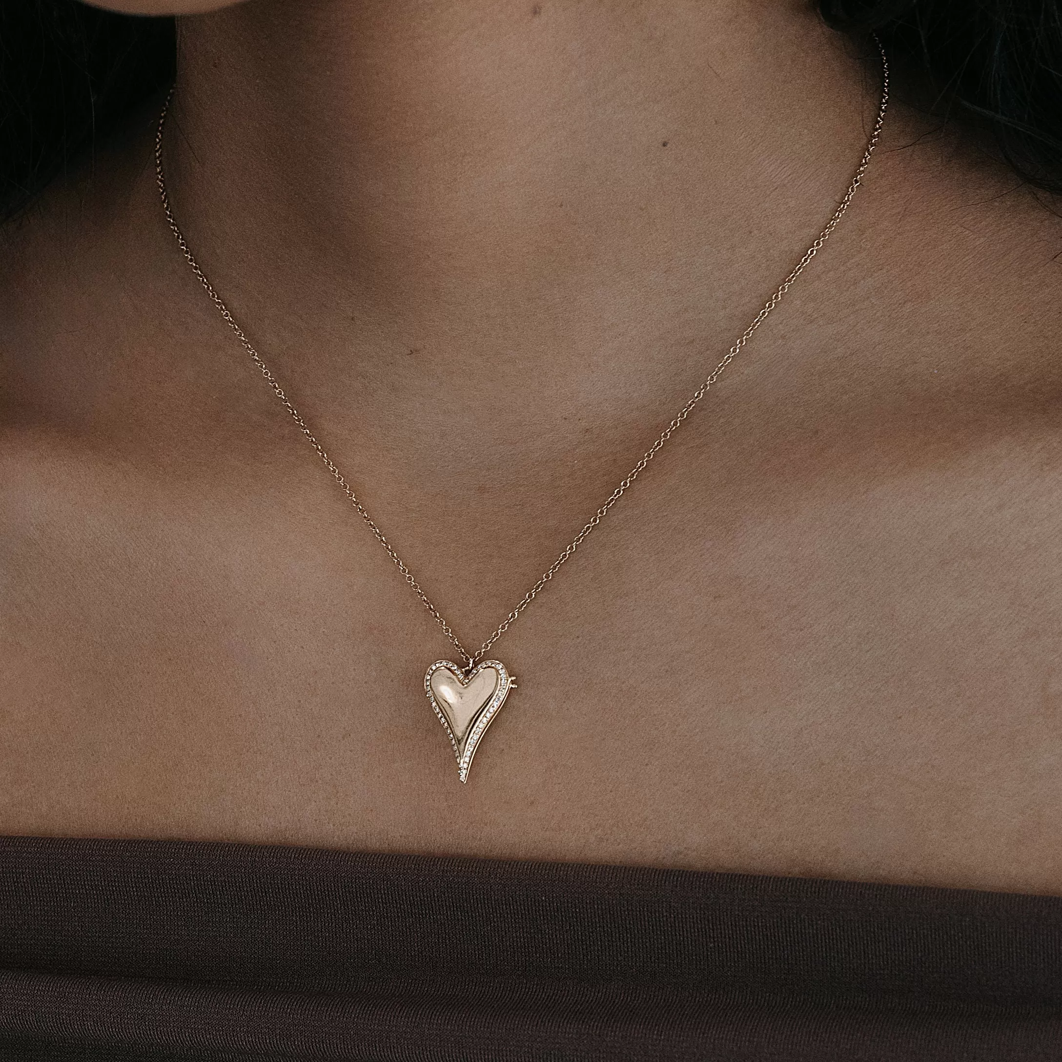 Puffed Heart & Diamond Locket Necklace