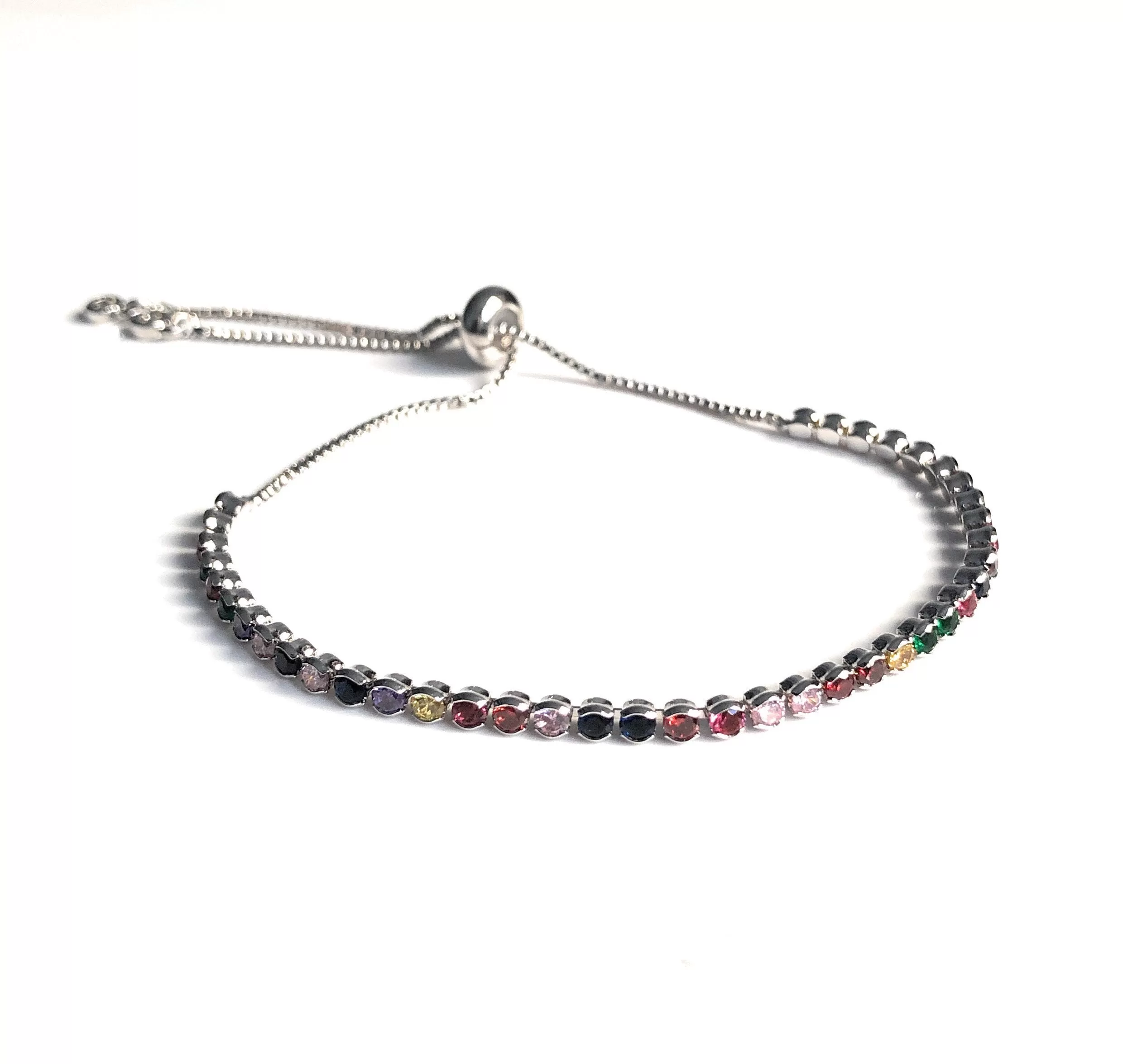 Rhinestone Rainbow Silver Bracelet Adjustable Sliding Closure