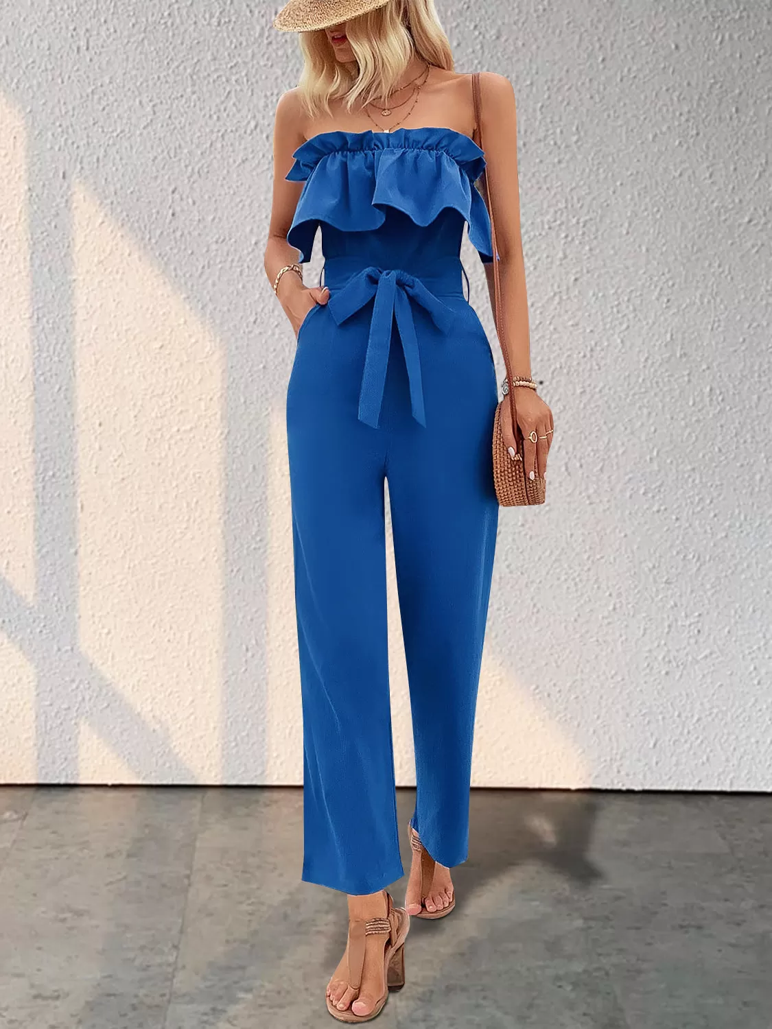 Ruffled Tie Waist Tube Jumpsuit