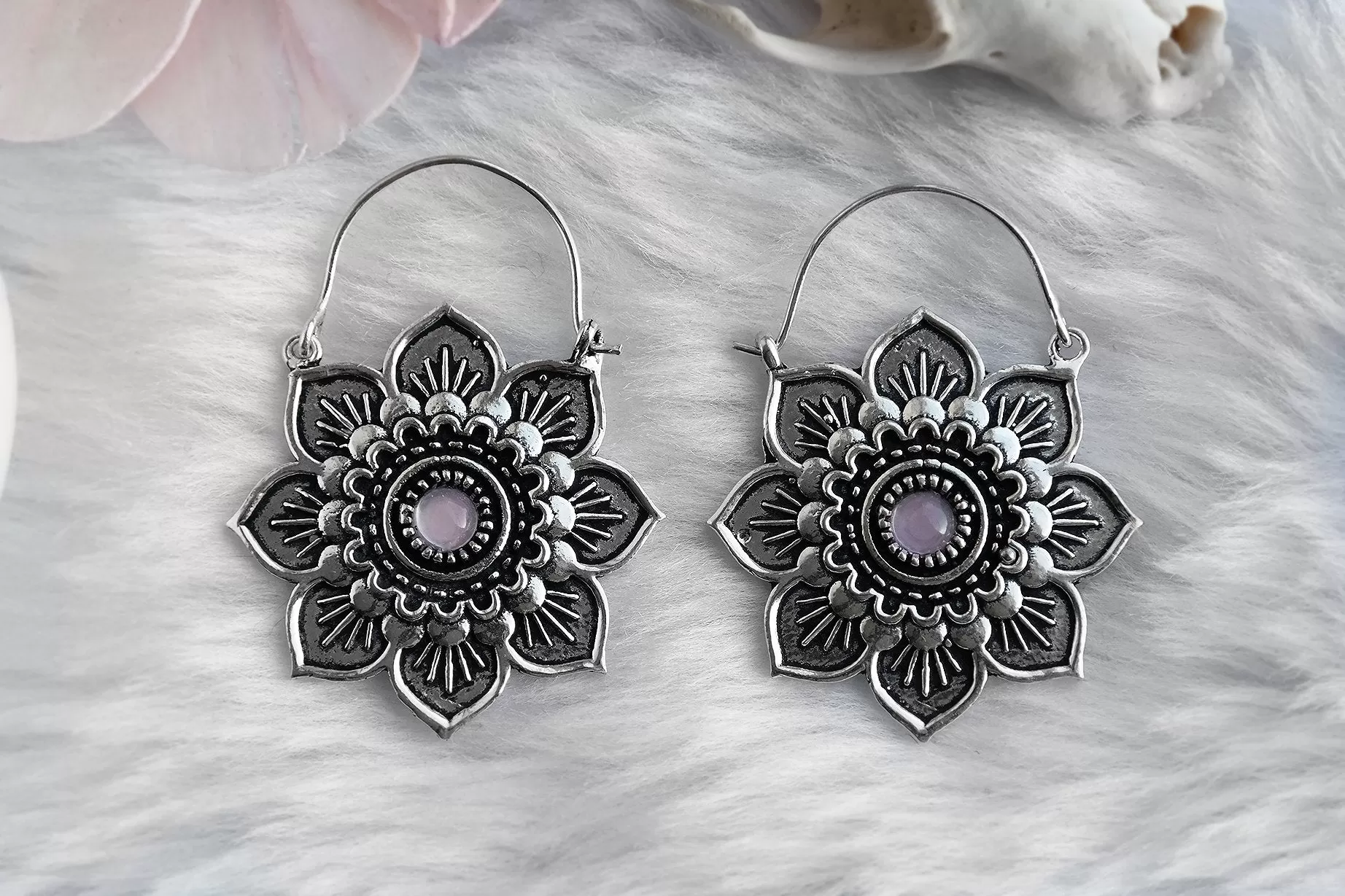 Silver Rose Quartz Lotus Hoops