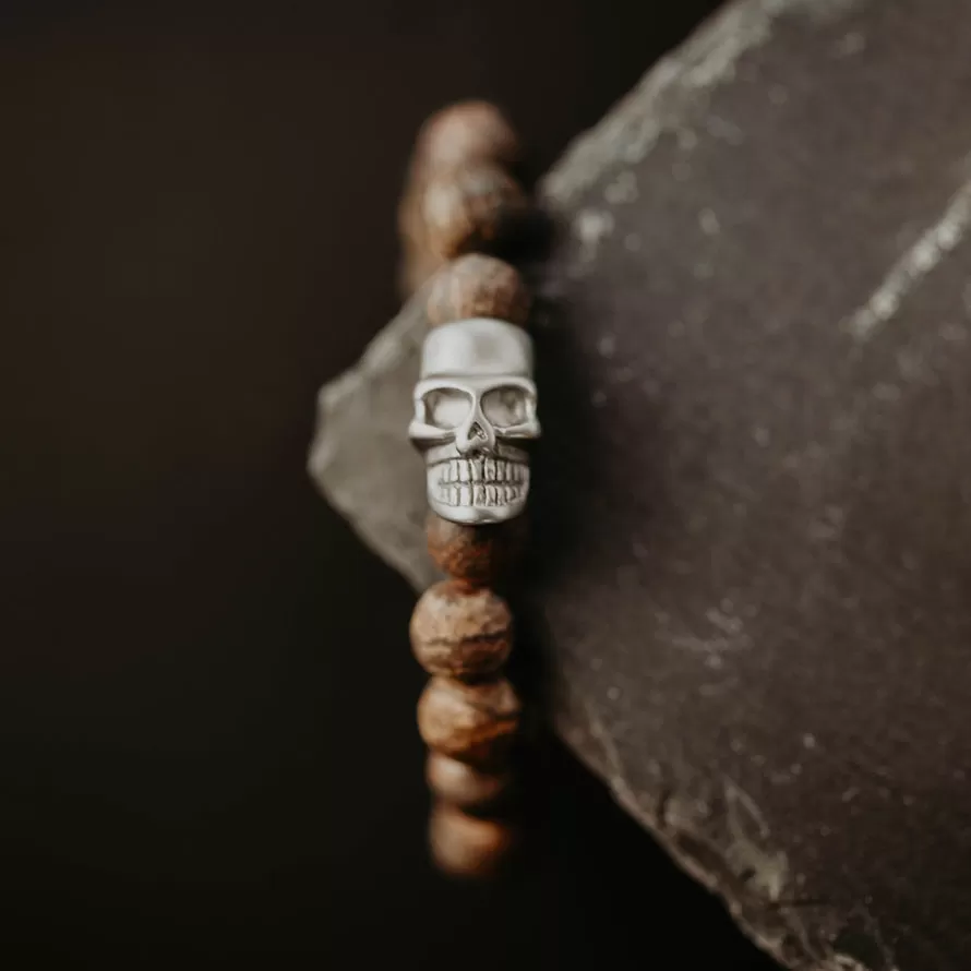 Skull 8mm Round Gemstone Bracelet Matt Bronzite