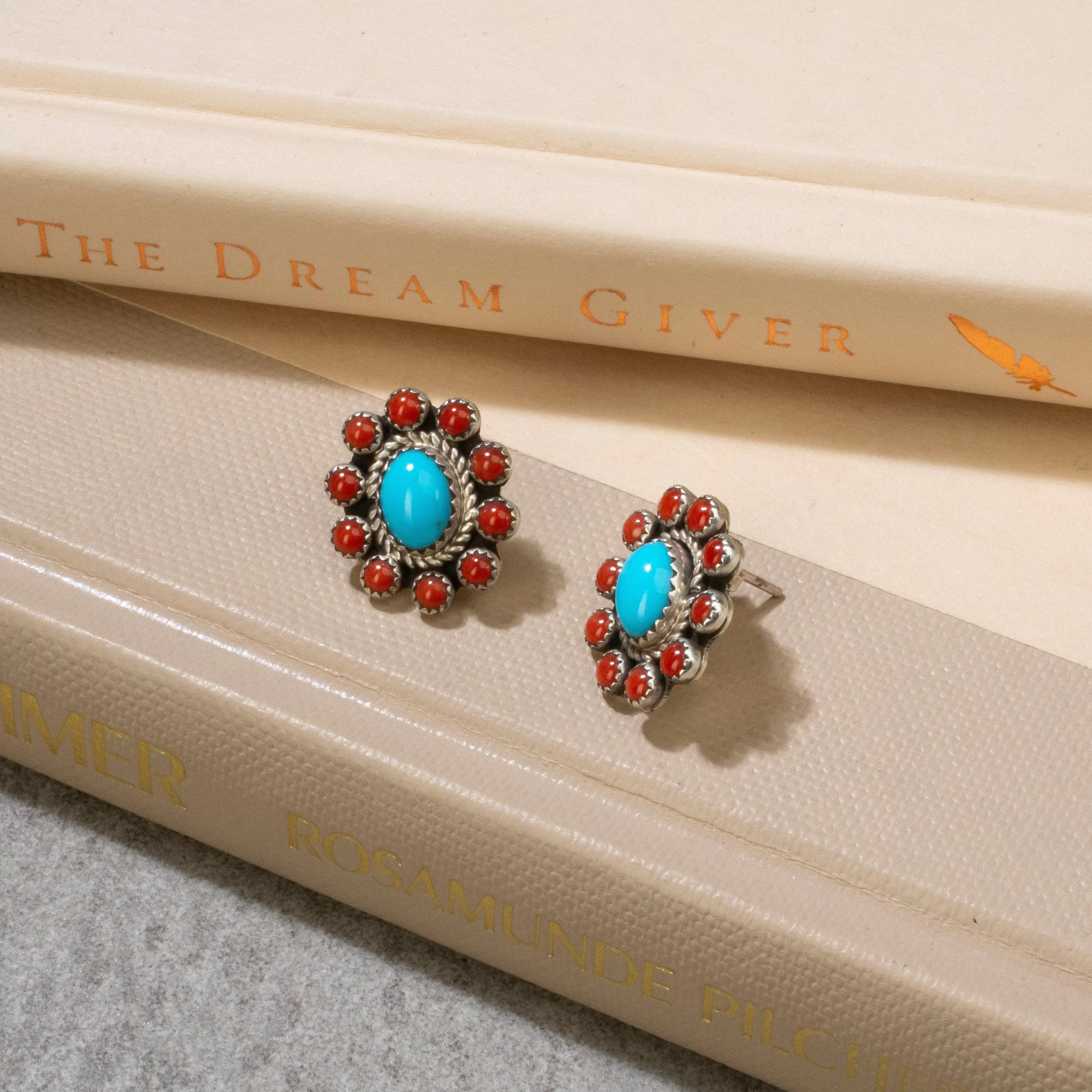 Sleeping Beauty Turquoise & Red Coral Flower Navajo USA Native American Made 925 Sterling Silver Earrings with Stud Backing