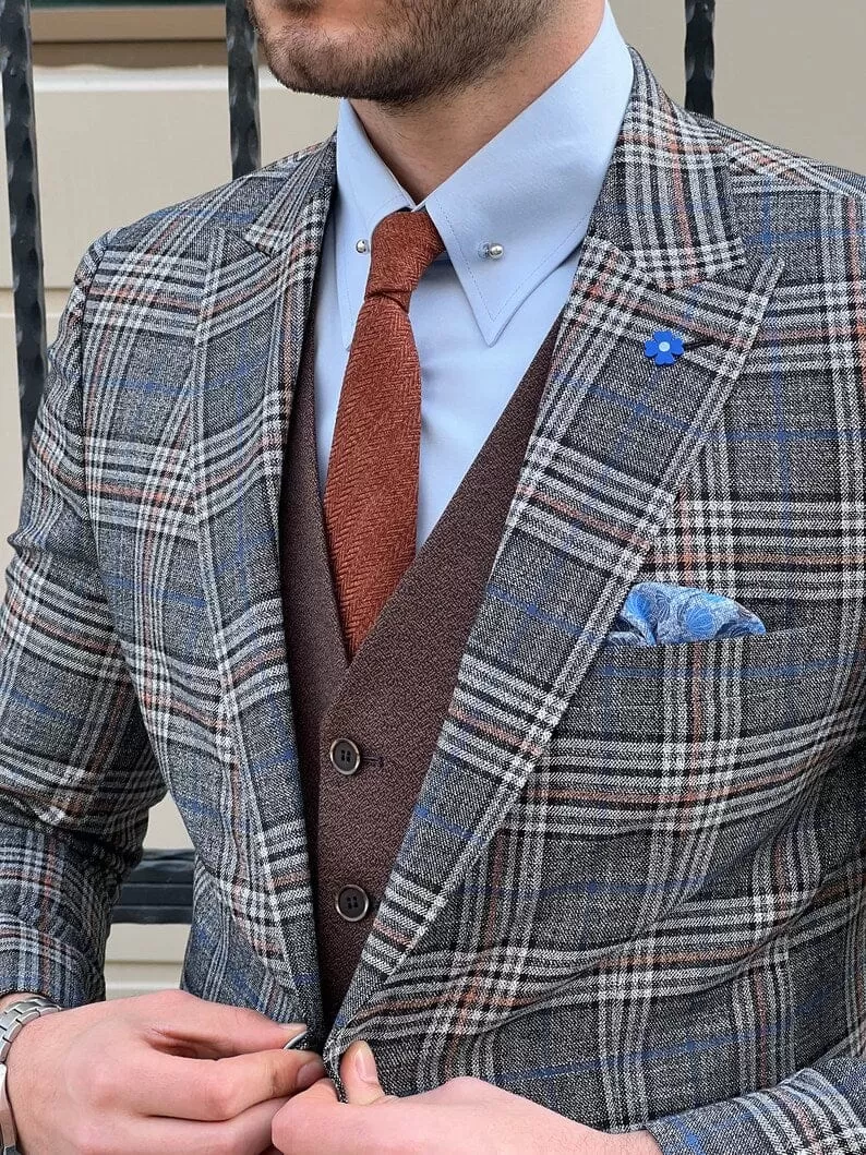 Slim Fit Wool Plaid Grey Suit Jacket