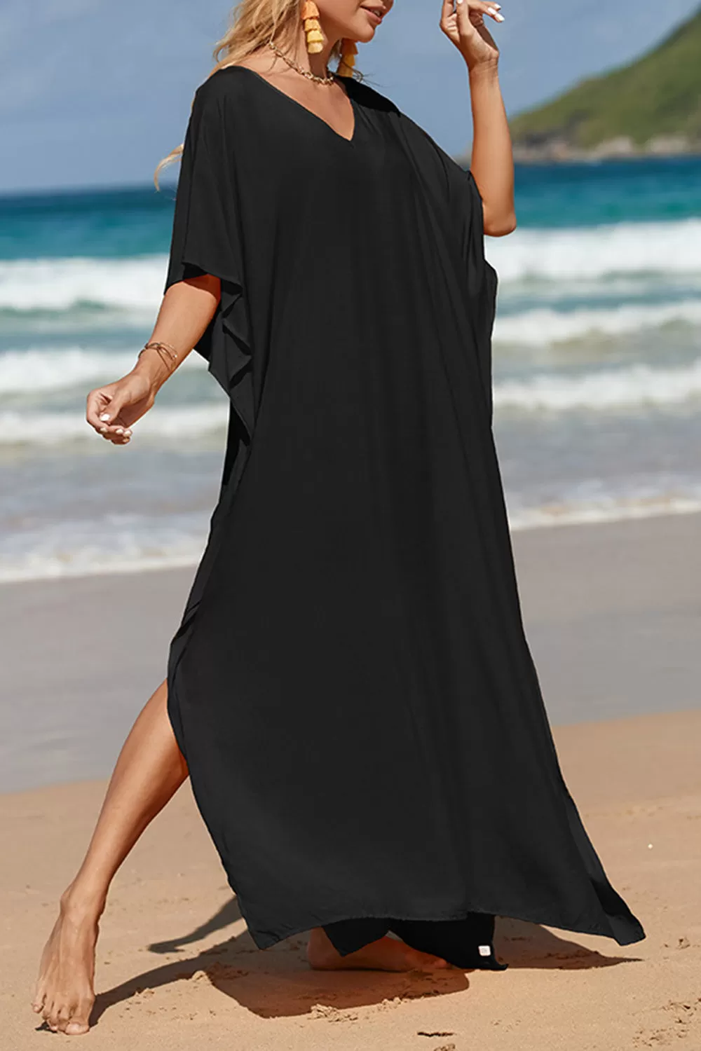 Slit V-Neck Half Sleeve Cover-Up