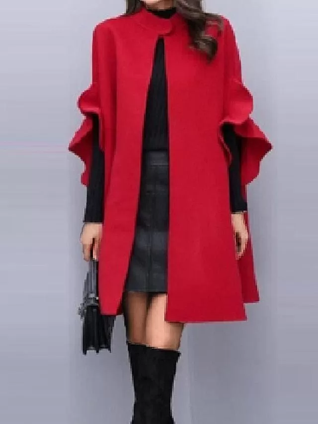 Stylish Women's Black and Red Winter Pea Coat with Ruffle Detail