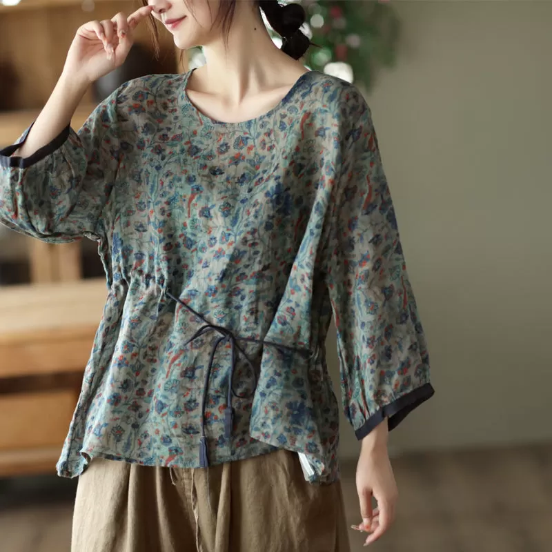 Summer Long Sleeve Thin Linen Retro Floral T-Shirt