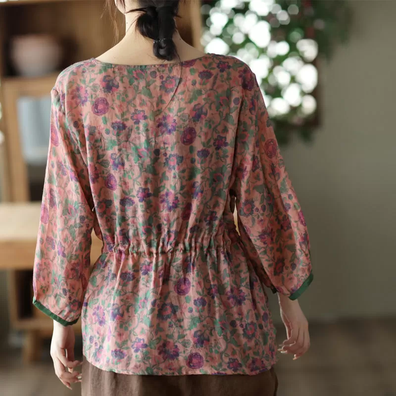 Summer Long Sleeve Thin Linen Retro Floral T-Shirt