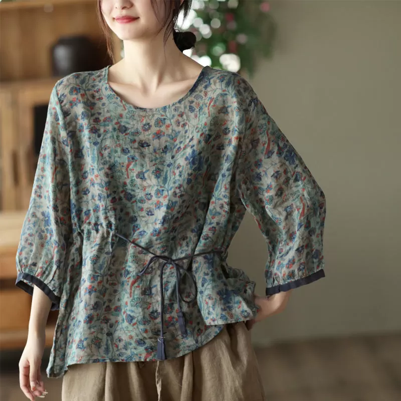 Summer Long Sleeve Thin Linen Retro Floral T-Shirt