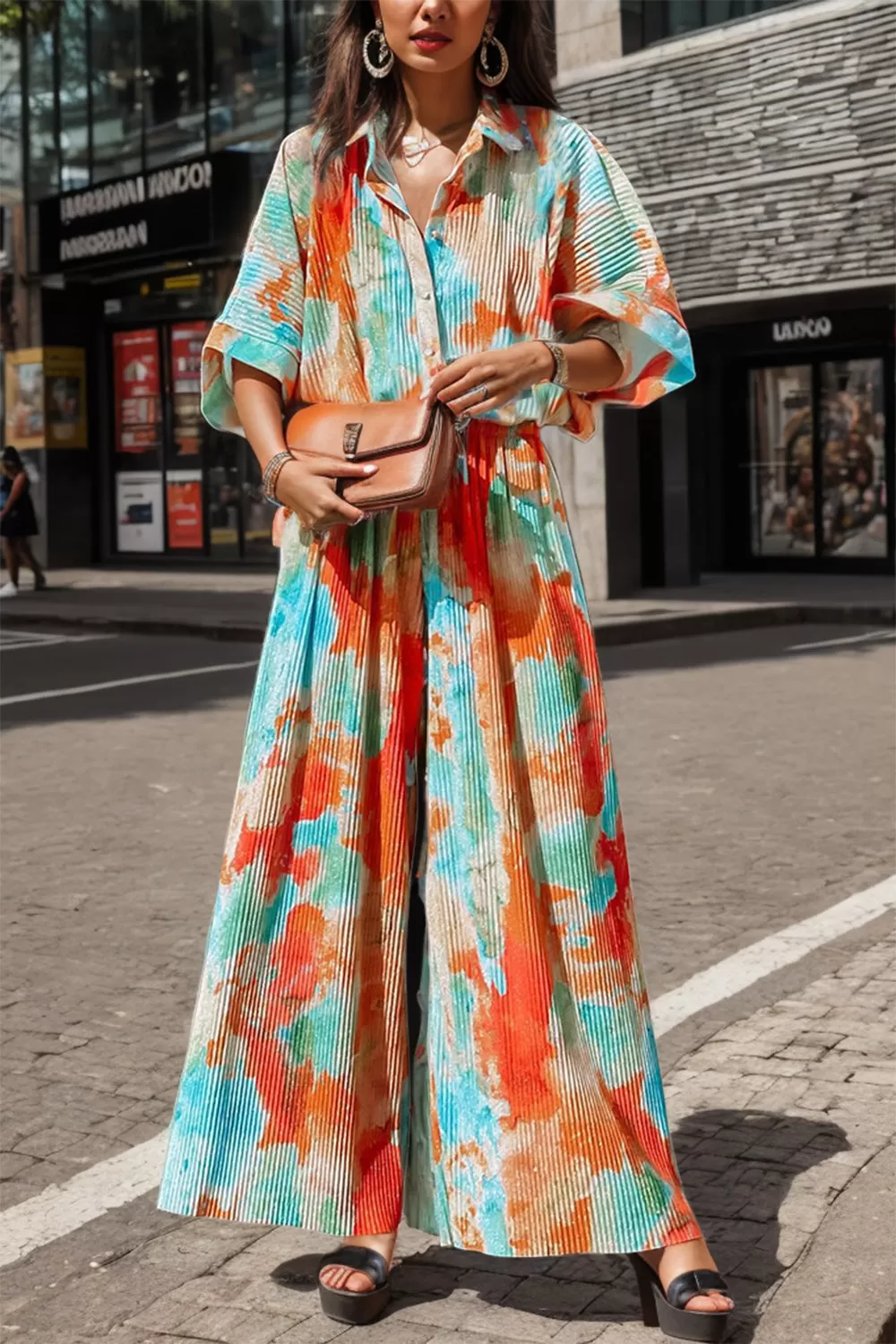 Sunset and Swim Tie-Dye Half Button Collared Neck Jumpsuit