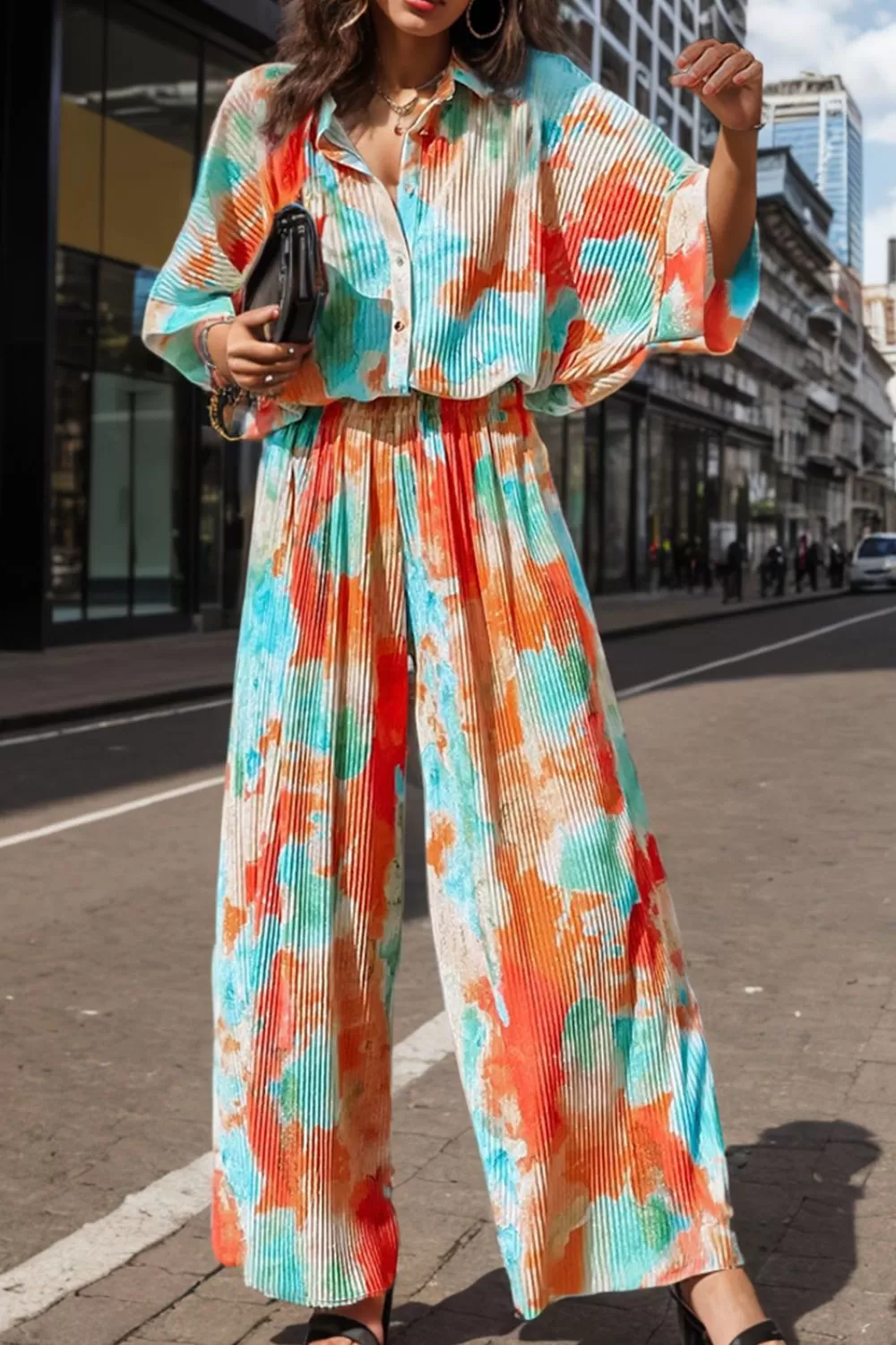 Sunset and Swim Tie-Dye Half Button Collared Neck Jumpsuit