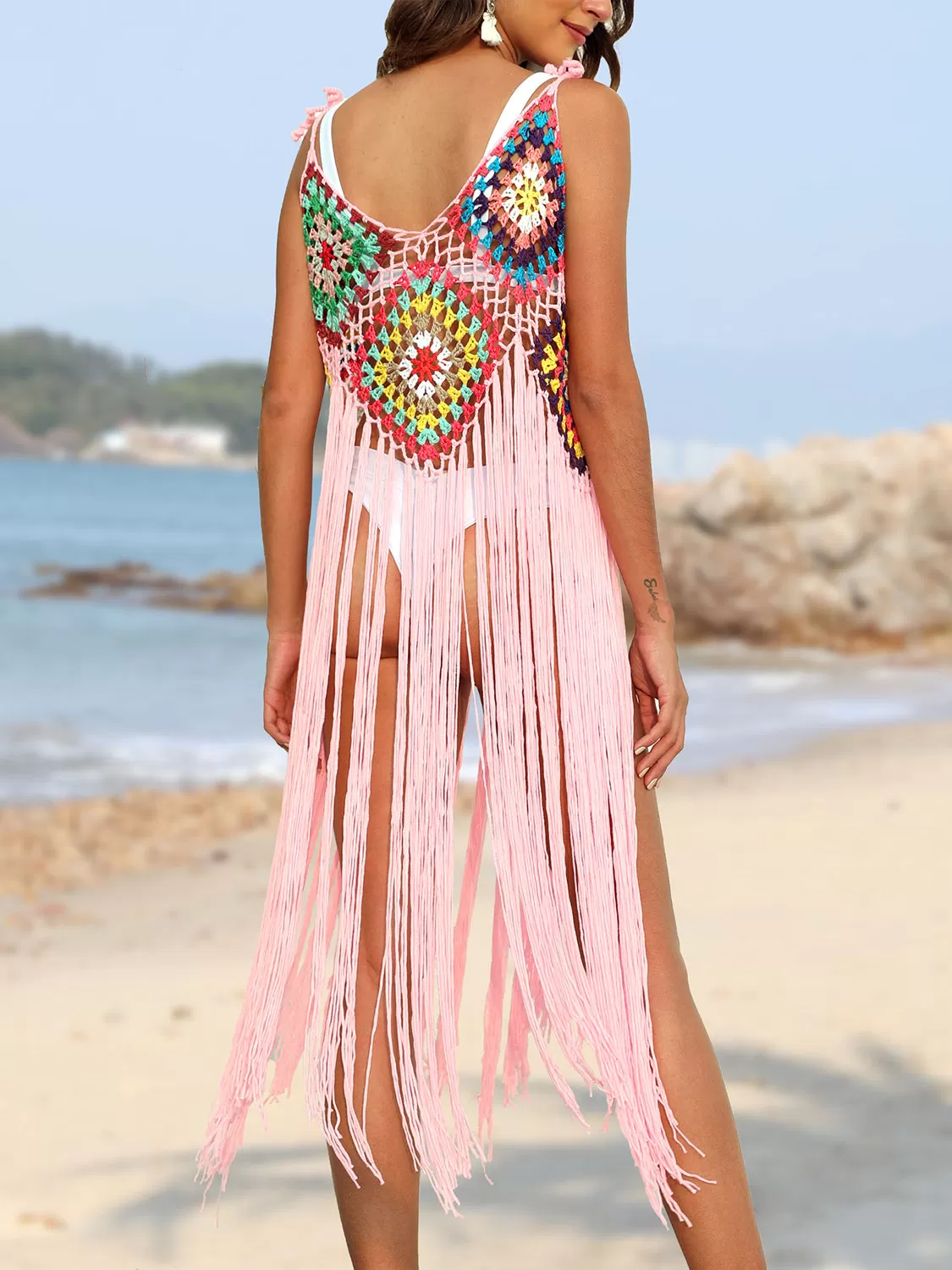 Sunset Vacation  Fringe Spaghetti Strap Beach Cover Up