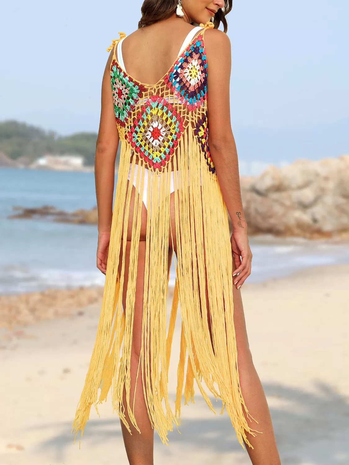 Sunset Vacation  Fringe Spaghetti Strap Beach Cover Up