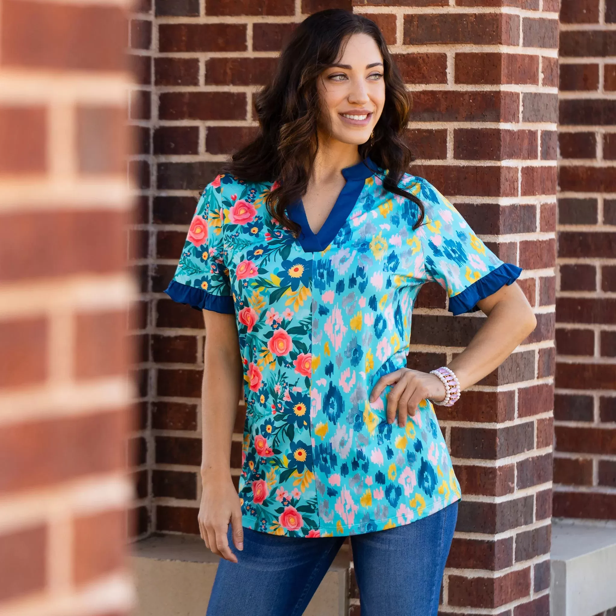 Turquoise Floral Tribal v-neck top