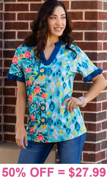 Turquoise Floral Tribal v-neck top