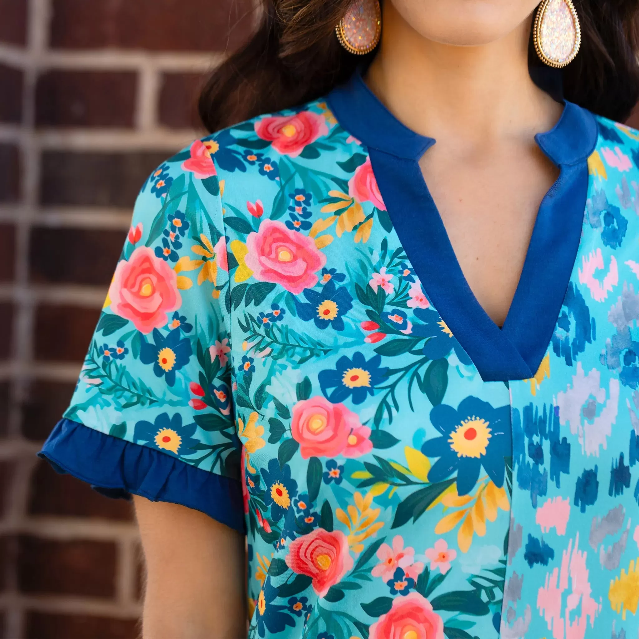 Turquoise Floral Tribal v-neck top