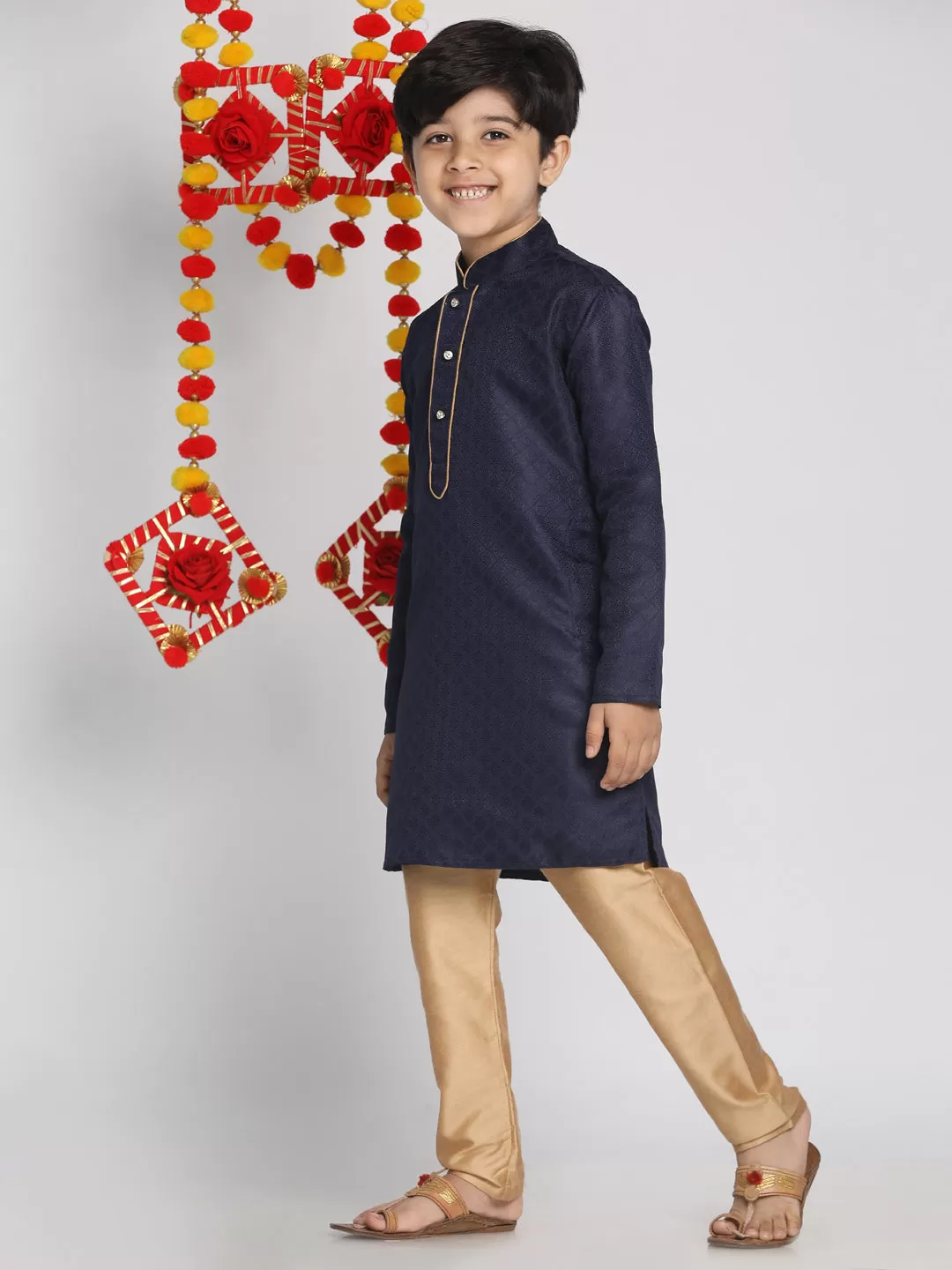 VASTRAMAY Blue and Rose Gold Jacquard Kurta Pyjama Set