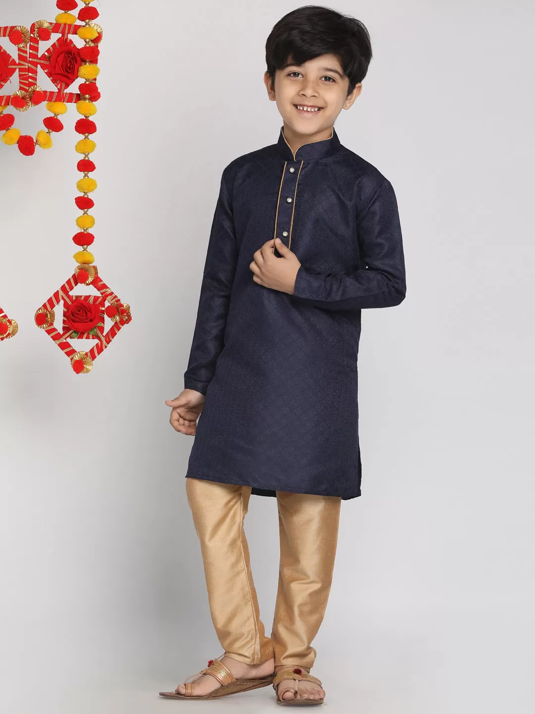 VASTRAMAY Blue and Rose Gold Jacquard Kurta Pyjama Set