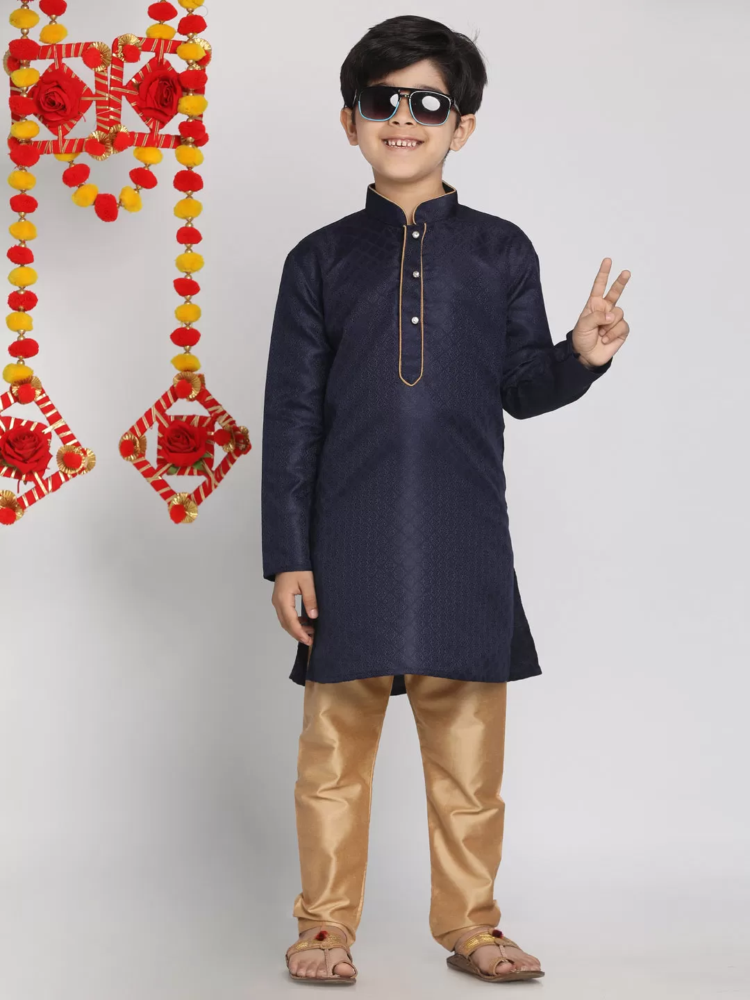 VASTRAMAY Blue and Rose Gold Jacquard Kurta Pyjama Set