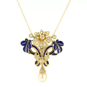 Victorian Diamond, Pearl & Blue Enamel Necklace