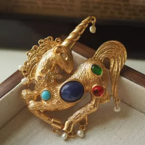 Vintage Unicorn Blue Lapis Pearls Brooch