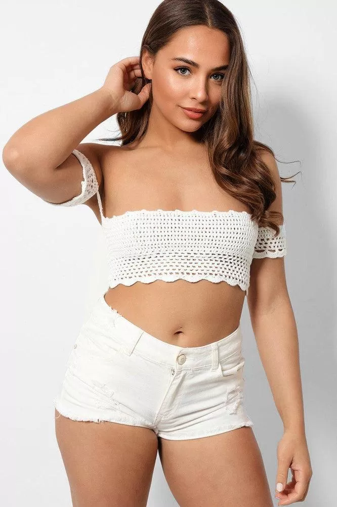 White Crochet Knit Bardot Crop Top