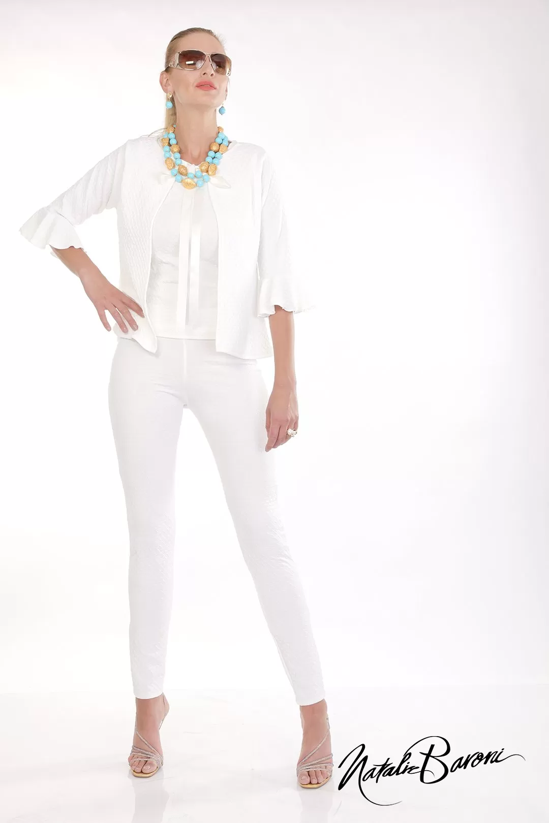 White Embossed Weave Leggings - San Remo