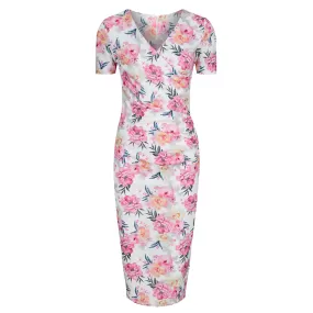 White Pink Floral Print Short Sleeve Summer Bodycon Wiggle Dress