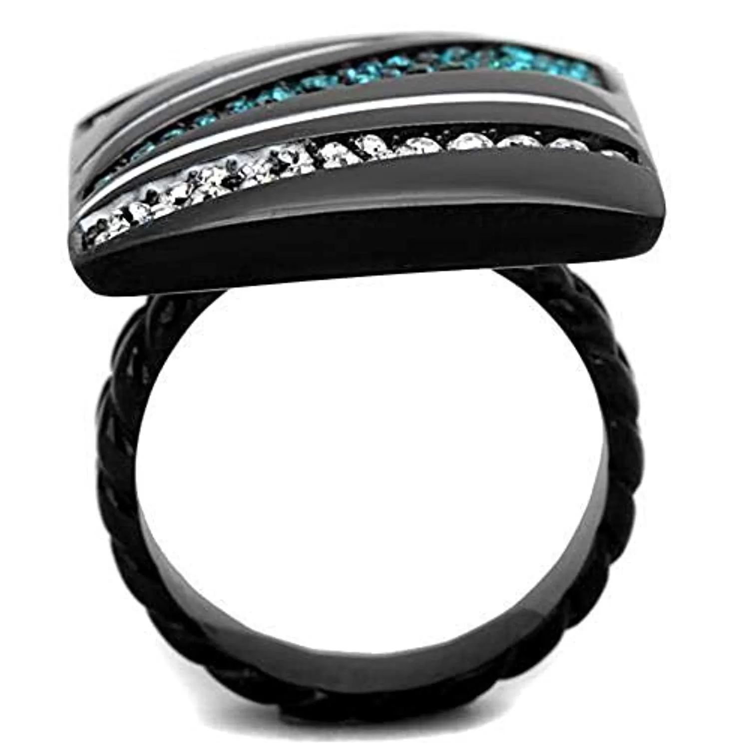 WildKlass Stainless Steel Ring IP Black Women Top Grade Crystal Blue Zircon