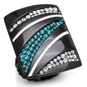 WildKlass Stainless Steel Ring IP Black Women Top Grade Crystal Blue Zircon