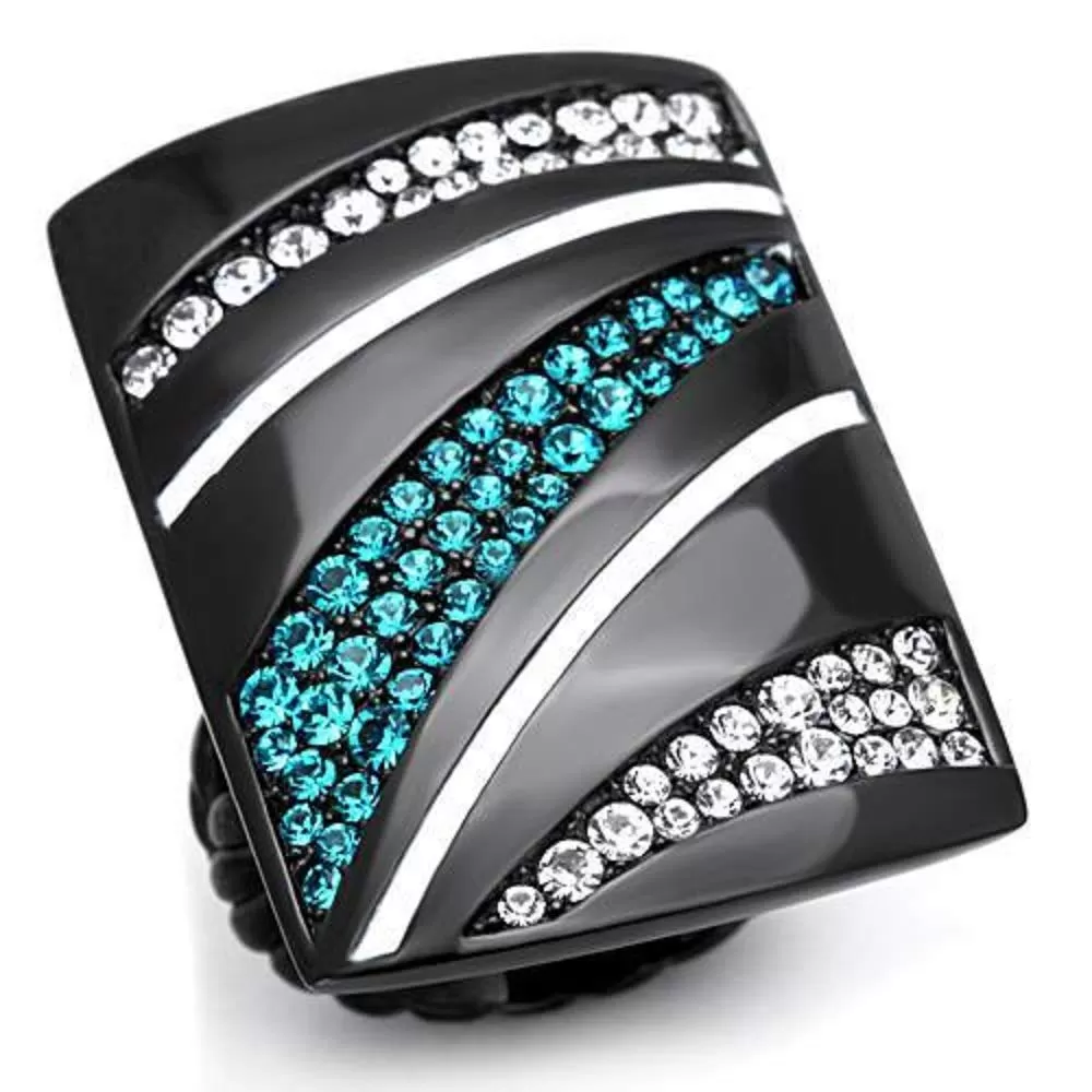 WildKlass Stainless Steel Ring IP Black Women Top Grade Crystal Blue Zircon