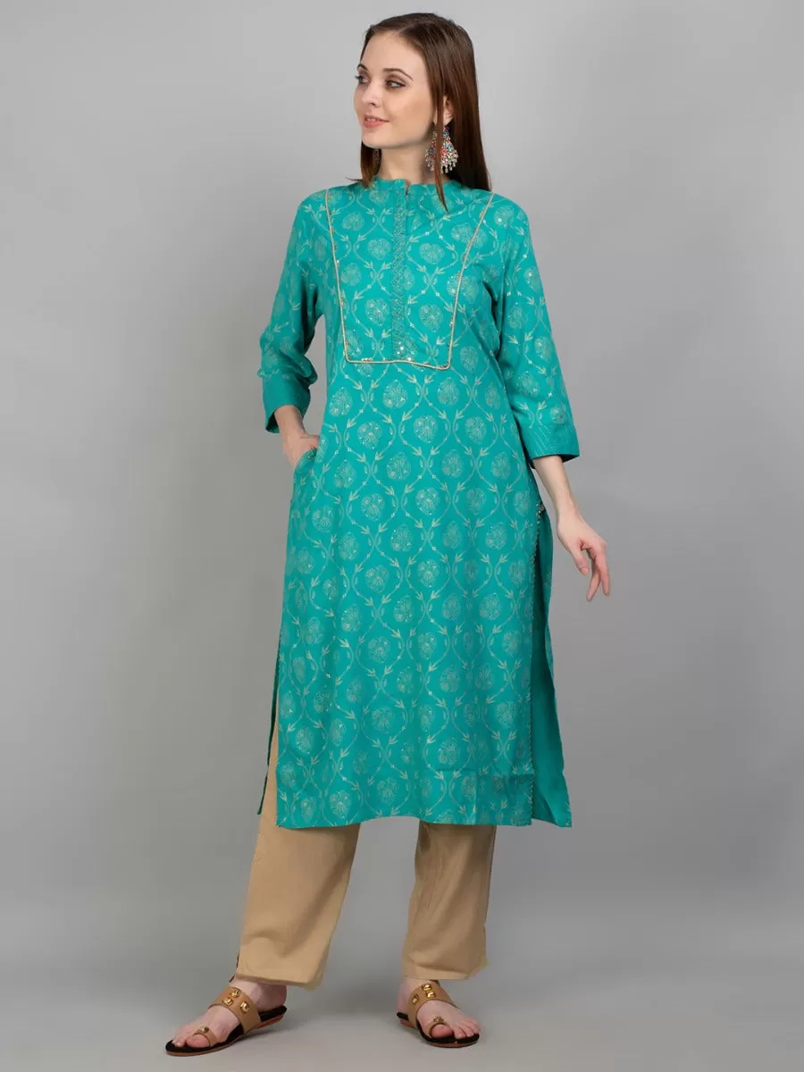 Women Aqua Blue Ornamental Printed Kurta