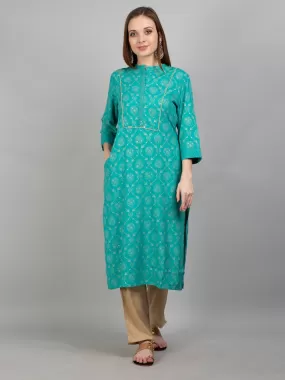 Women Aqua Blue Ornamental Printed Kurta