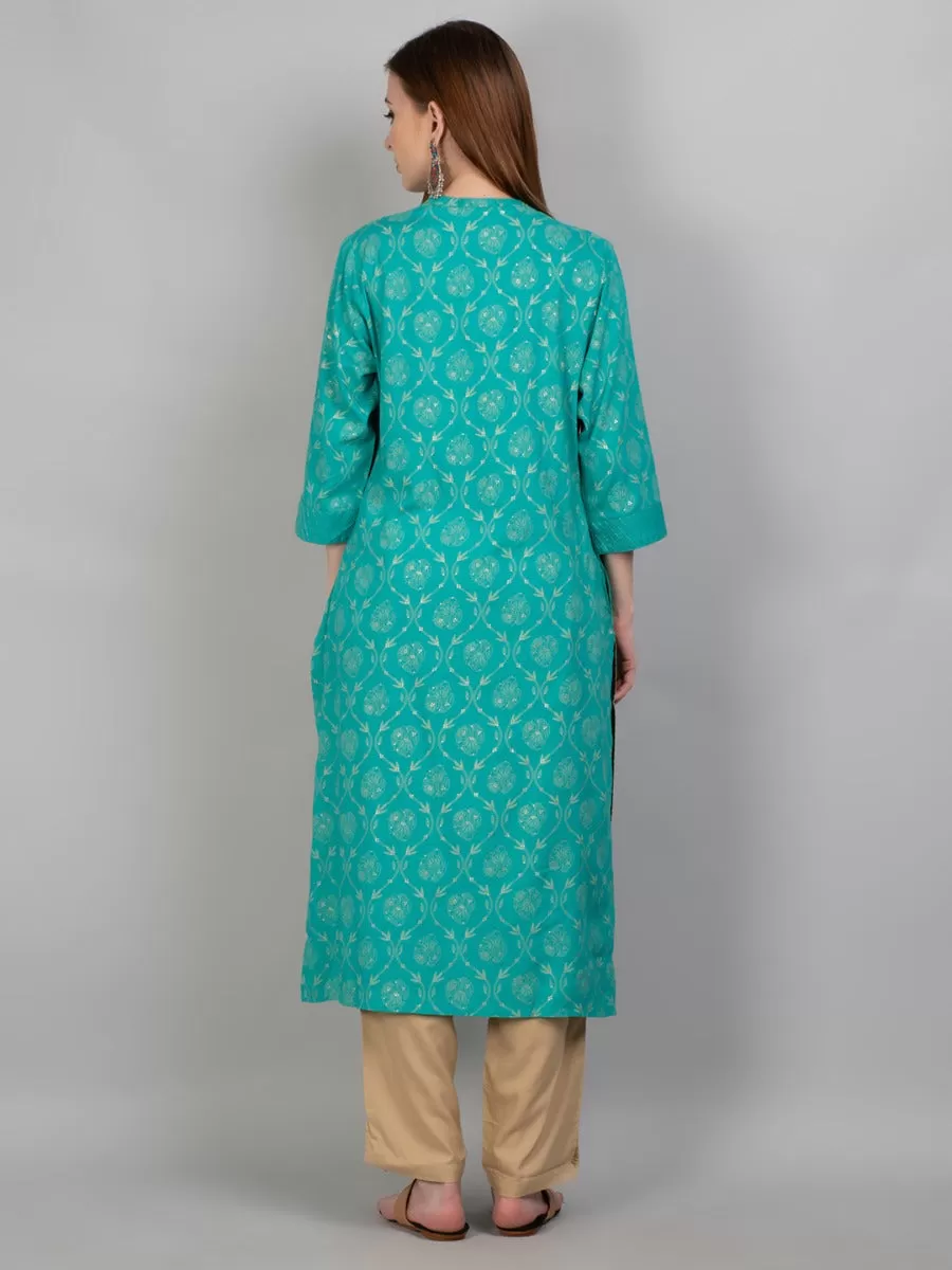 Women Aqua Blue Ornamental Printed Kurta