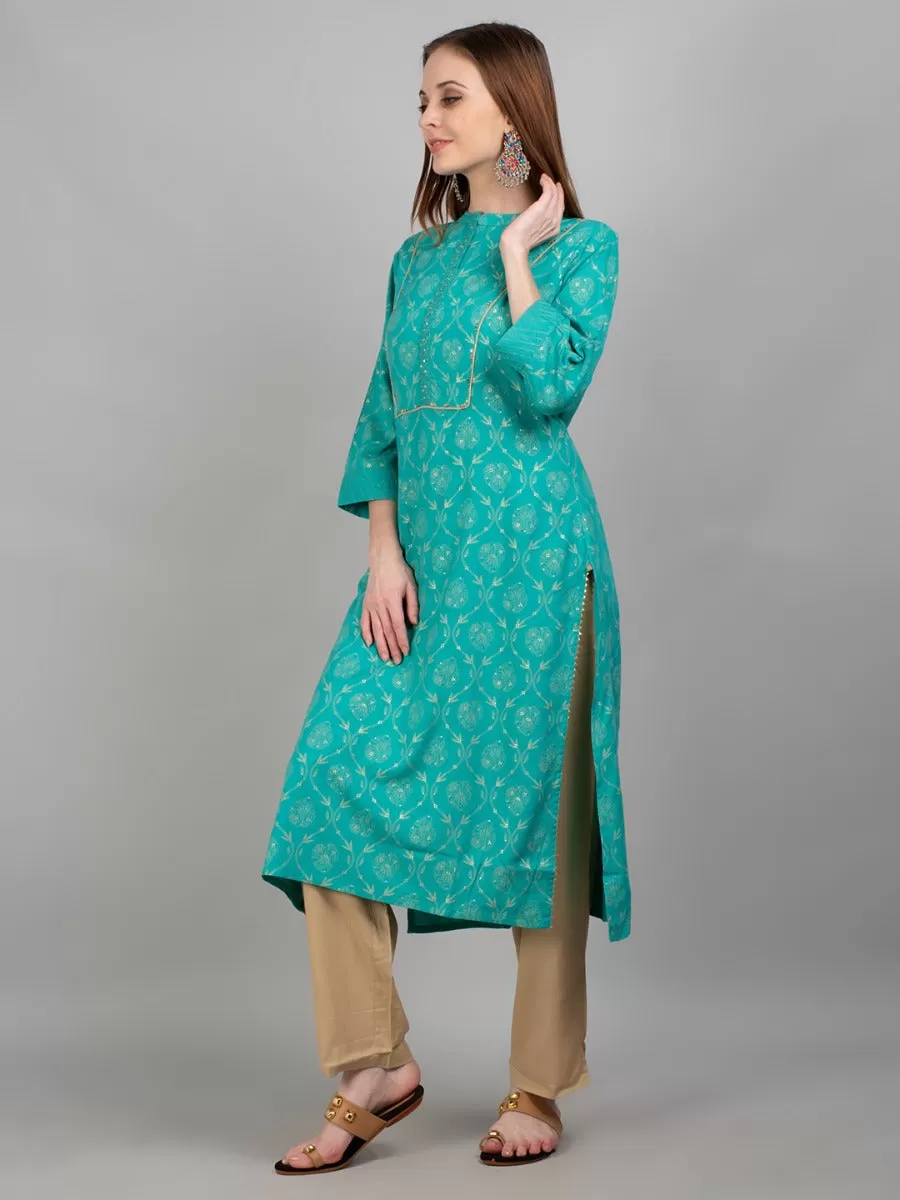 Women Aqua Blue Ornamental Printed Kurta