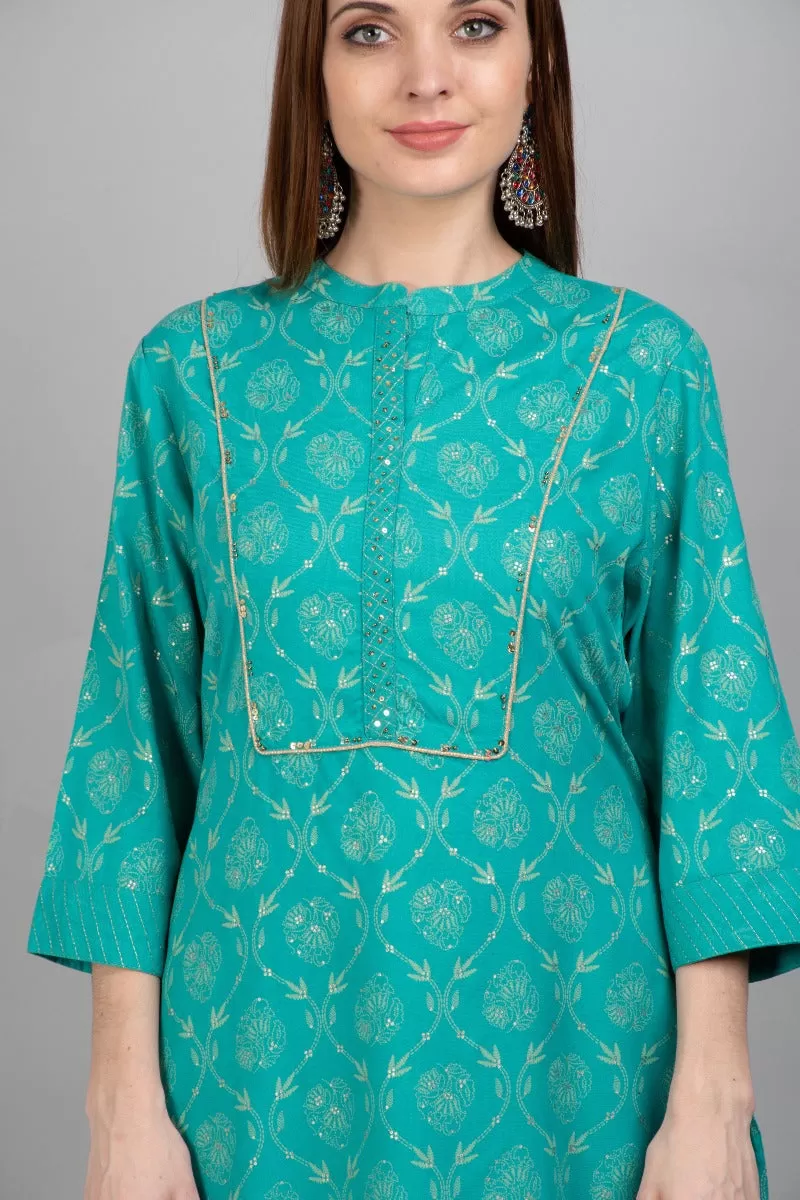 Women Aqua Blue Ornamental Printed Kurta