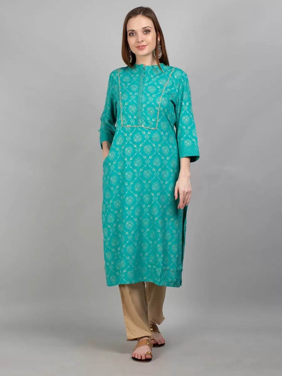 Women Aqua Blue Ornamental Printed Kurta