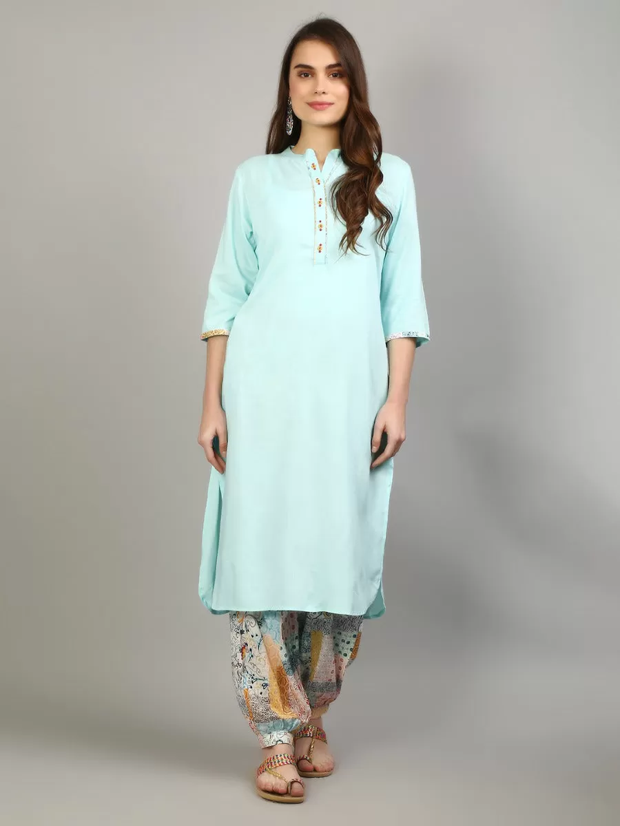 Women Aqua Blue Solid Kurta With Harem Pant