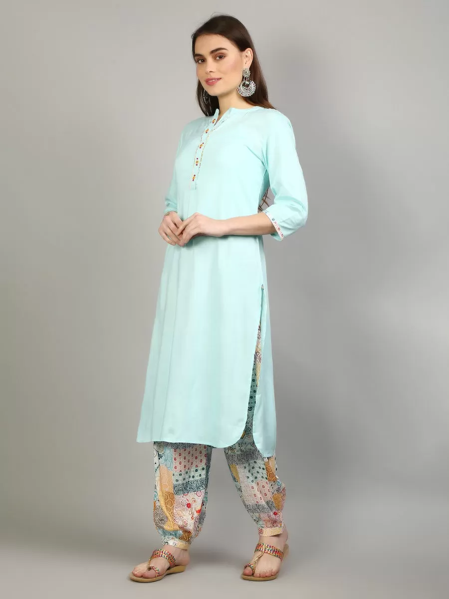 Women Aqua Blue Solid Kurta With Harem Pant