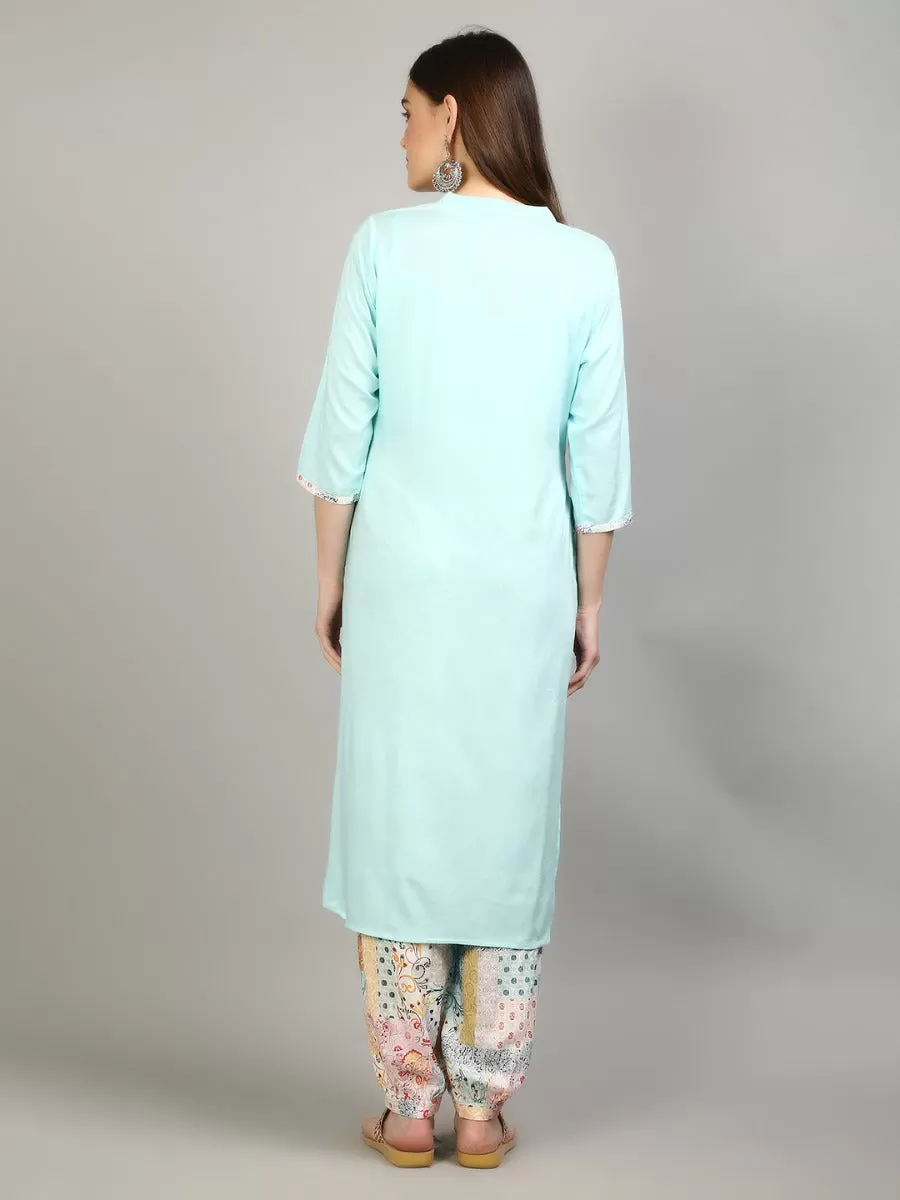 Women Aqua Blue Solid Kurta With Harem Pant