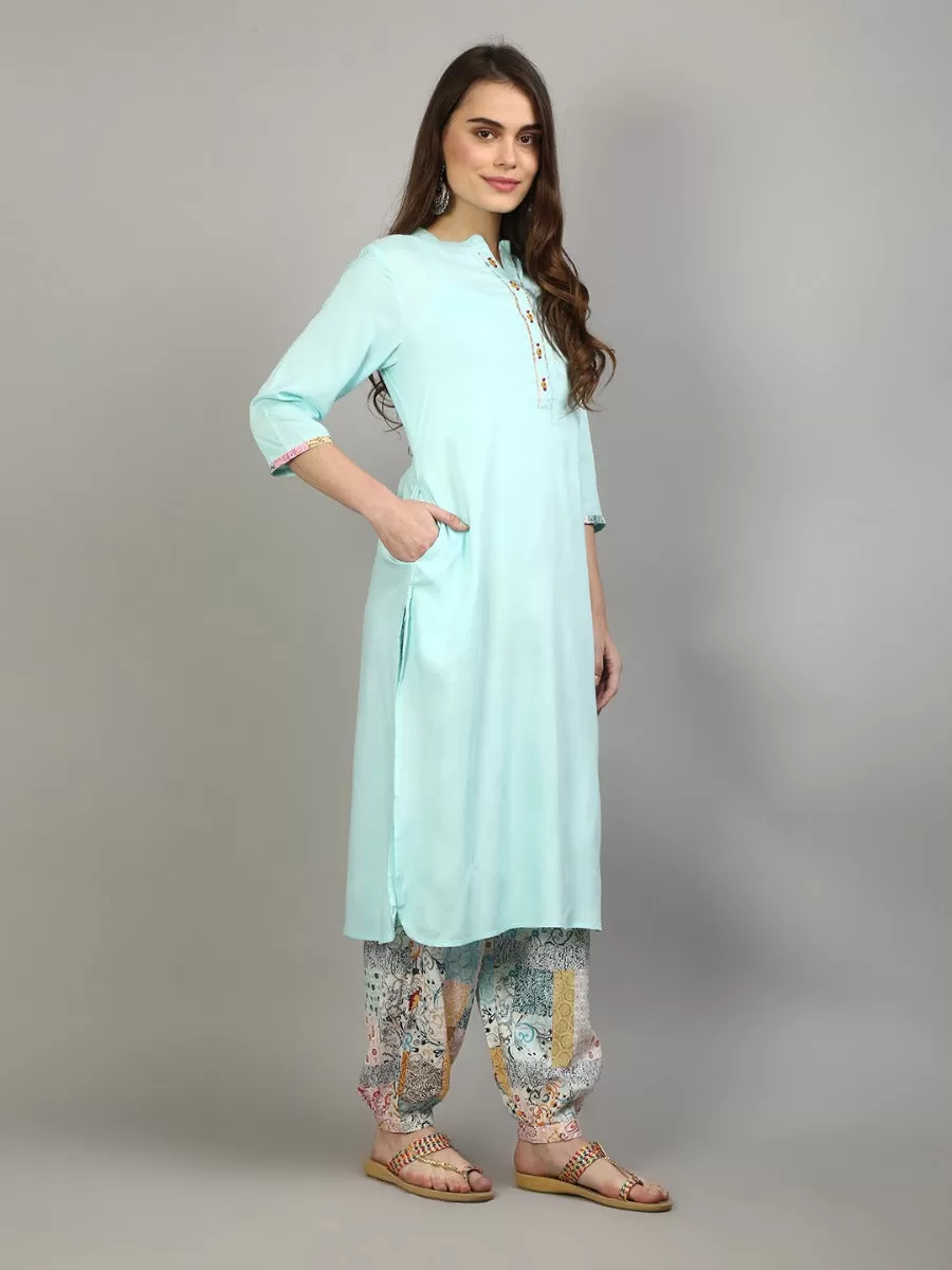 Women Aqua Blue Solid Kurta With Harem Pant