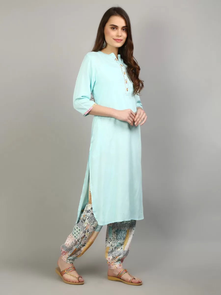 Women Aqua Blue Solid Kurta With Harem Pant